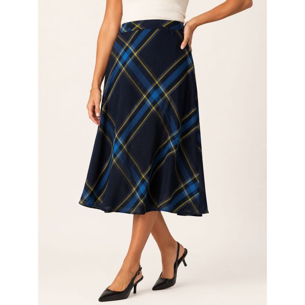 Evan-Picone Plaid Midi Skirt Women's Size 16 Blue A-Line Lined Classic Tartan